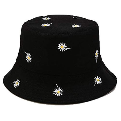 Womens Embroidered Daisy Bucket Hat Reversible Packable Beach Sun Hat - color: Daisy Black/Plain Black