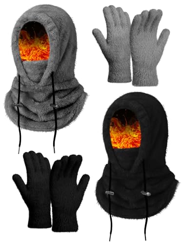 4 Pcs Winter Fleece Balaclava Ski Mask Glove Men Women - color: Black and Dark Gray