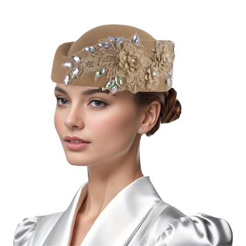Women Vintage Church Hat Applique Felt Pillbox Hat Fascinator Tea Party Cap - color: Khaki