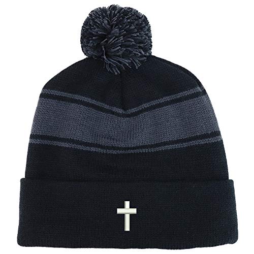 Trendy Apparel Shop Cross Embroidered Two Tone Pom Striped Long Beanie Hat - color: Black Grey