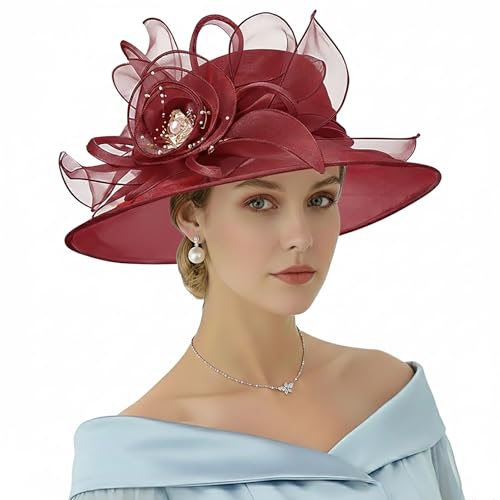 AQOKKA Women Organza Church Fascinators Kentucky Derby Hats for Women and Girls Wedding Flower Tea Party Hat with Wide Brim - color: Organza Rose : Burgundy