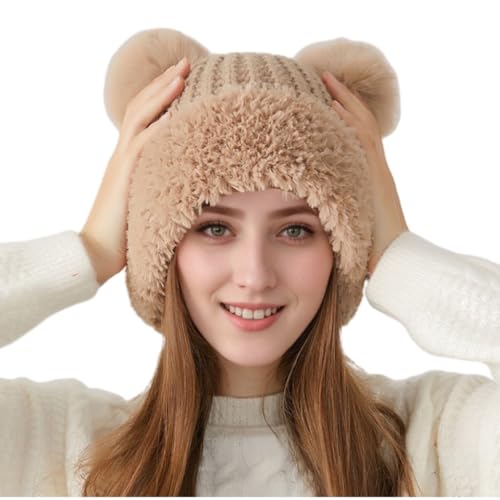 Womens Winter Knitted Beanie Hat with Double Faux Fur Pompom Fuzzy Warm Knit Ski Skull Cap for Women - color: Khaki