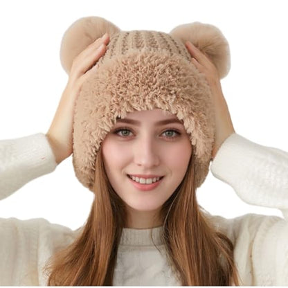 Womens Winter Knitted Beanie Hat with Double Faux Fur Pompom Fuzzy Warm Knit Ski Skull Cap for Women - color: Khaki