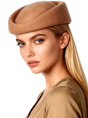 HIMESPORT Wool Felt Beret Derby Fascinator Hats for Women Ladies Church Tea Party Formal Wedding Pillbox Hat - color: Dark Camel