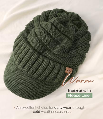 Women Men Winter Beanie Hat with Visor, Warm Fleece Lined Beanie Cap, Thick Knit Cap Slouchy Hat with Brim - color: Dark Green