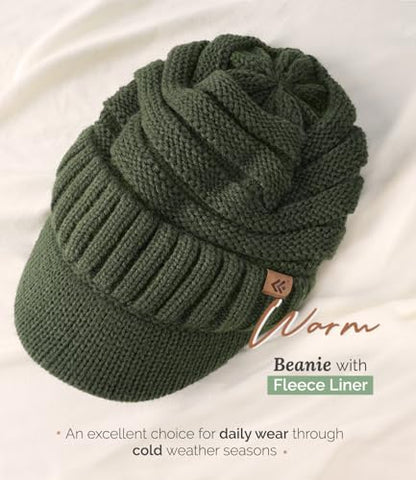 Women Men Winter Beanie Hat with Visor, Warm Fleece Lined Beanie Cap, Thick Knit Cap Slouchy Hat with Brim - color: Dark Green