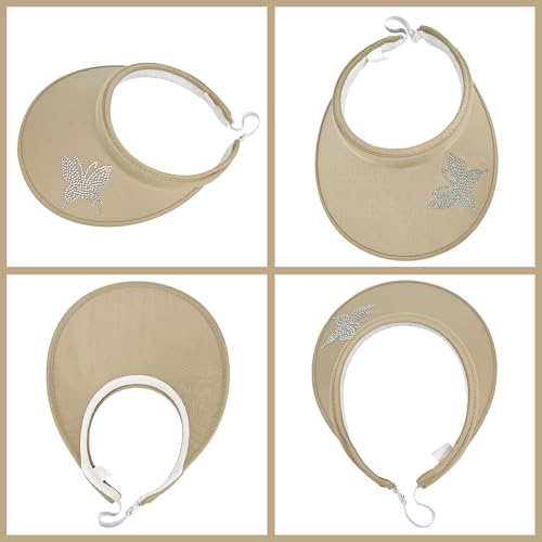 2 Pack Sun Visors Women Wide Brim Clip on Summer Hats Adjustable UV Protection - color: Butterfly-khaki,rose Red