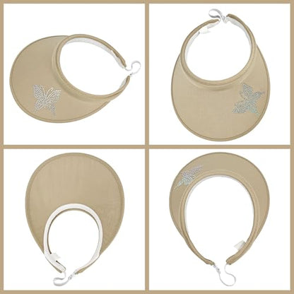 2 Pack Sun Visors Women Wide Brim Clip on Summer Hats Adjustable UV Protection - color: Butterfly-khaki,rose Red