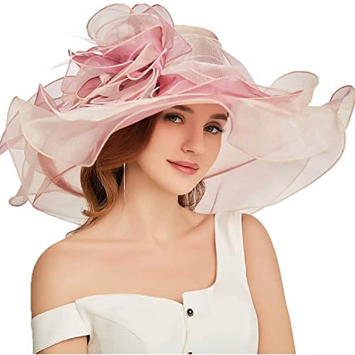 Women Oganza Sun Hat Church Wide Brim Wedding Formal Fascinator Hat - color: Gradient Pink(not a Vibrant Pink, It is More Pale)