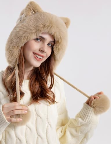 Womens Beanie Winter Hats Warm Pompom Faux Fur Crochet Skull Ear Cap - color: Khaki