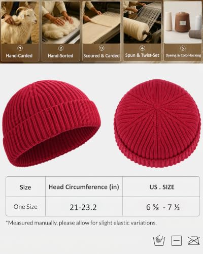 100% Merino Wool Fisherman Beanies for Men Winter Beanie Skull Cap - color: Red