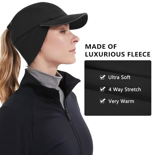 GADIEMKENSD Women's Winter Reflective Fleece Ponytail Hat with Drop Down Ear Warmer - color: Black