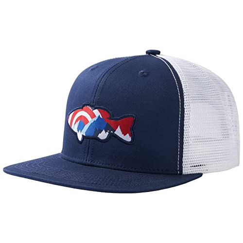 BASSDASH Flat Brim Trucker Cap Adjustable Snapback Hat Mesh Back for Men Women - color: Collegiate Navy/Bass