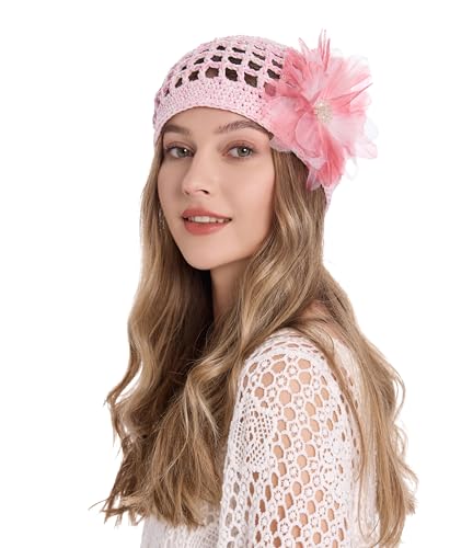 ZLYC Women Crochet Beanie Hat Summer Handmade Knit Decorated Skull Cap - color: Floral Pink