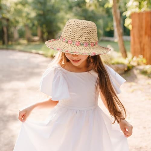 Girls Straw Hat with Flower Round Sunglasses, Summer Foldable Large Brim Sunflower Bowknot Beach Toddler Straw Sun Hat, 2-6T - color: Beige-pink Flower