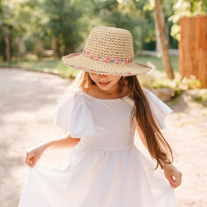 Girls Straw Hat with Flower Round Sunglasses, Summer Foldable Large Brim Sunflower Bowknot Beach Toddler Straw Sun Hat, 2-6T - color: Beige-pink Flower