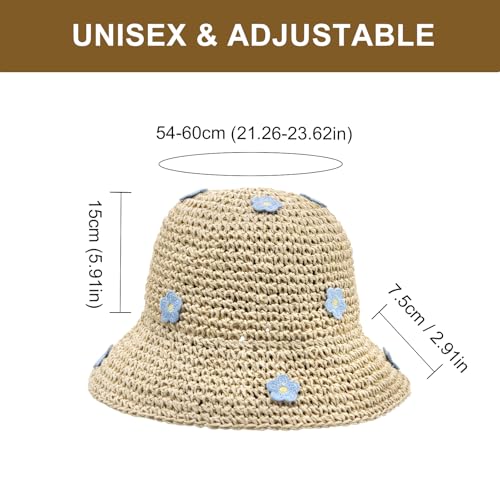 YAMEIZE Wide Brim Straw Bucket Hat - for Women UV Protection Packable Crochet Sun Hat Floral Foldable Beach Sun Cap Travel - color: Beige