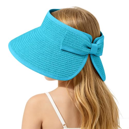 ZOORON Girls Straw Sun Visor Hat, Wide Brim Ponytail Beach Hat with Bow - color: Seablue