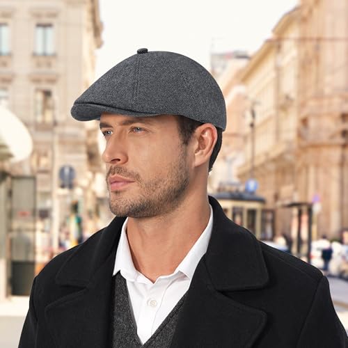 Men's Wool Blend Newsboy Cap Adjustable Gatsby Ivy Newsies Cabbie Hat Classic 8 Panel Tweed Flat Winter Hat - color: Plaid Darkgrey_1, size: Medium