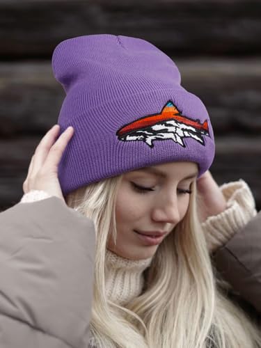 Knit Winter Beanie Hats for Men Women Cuffed Skull Cap with Mountain Embroidery Outdoor Christmas & New Year Gifts - color: Fish/Lavender