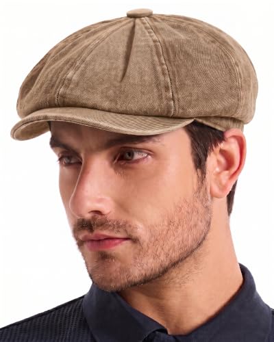 ZLYC Newsboy Cap for Men Summer Flat Cap Lightweight Beret Hat - color: Washed Denim Khaki