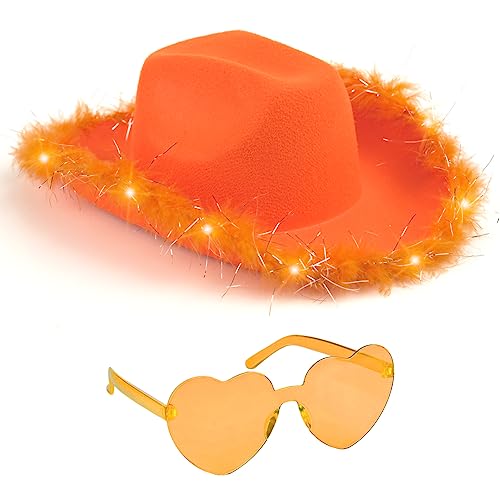 Funcredible Light Up Cowboy Hat and Glasses – LED Cowgirl Hat with Feathers – Cowgirl Costume Accessories for Women - color: Orange