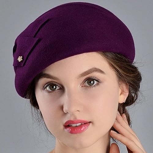 Women Vintage Bowknot Berets with Beading Autumn Winter French Artist Hat Painter Hats Female Bowler Hat Warm Cap - color: Purple