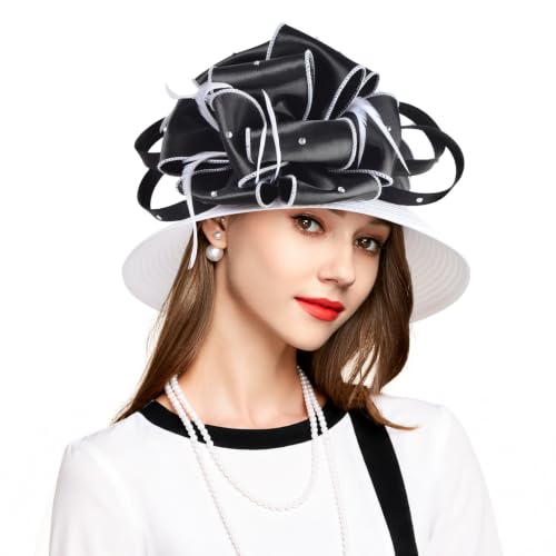 2026 Bucket Hats for Women Ladies Girls, Autumn Winter Fascinator Hat for Derby Kentucky Church Bridal UV Protection - color: A-4585b-white/Black