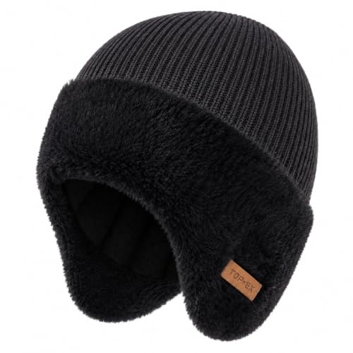 TOP-EX Waterproof Ear Flap Beanie, Big Head Fit, Polartec Fleece, Merino - color: Grey, size: X-Large-XX-Large