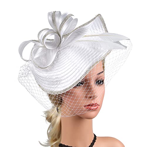 ORIDOOR Women Fascinators Derby Church Tea Party Wedding Flower Feathers Headpiece with Headband Clips - color: A-white