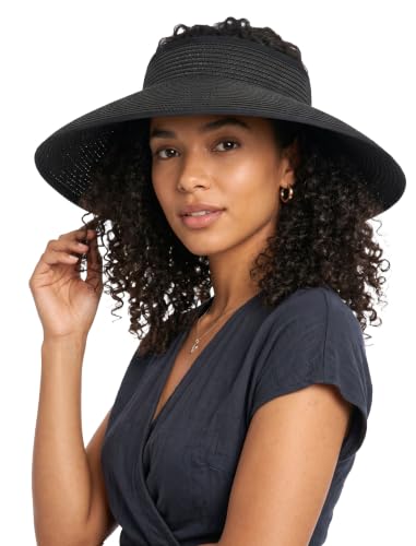 CHUNG Women Straw Sun Visors Wide Brim Ladies Beach Hat Open Top Ponytail Packable Vacation Summer Travel - color: E-black