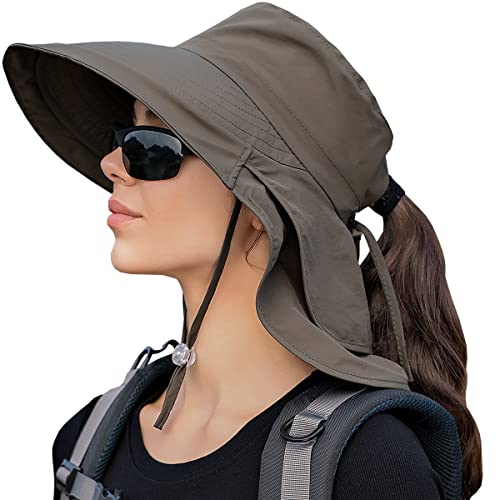 Womens Sun Hat UPF 50+ Wide Brim and Ponytail Hole, Hiking Safari Hat with Neck Flap… - color: Army Green