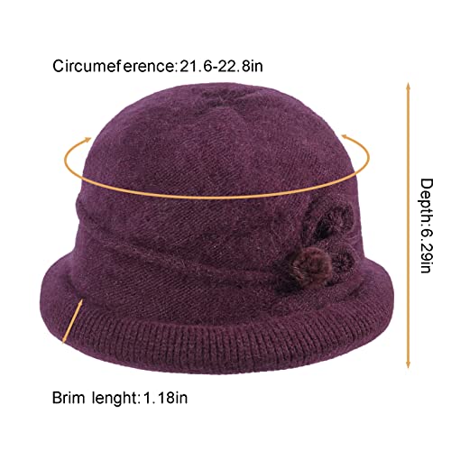 Women Winter Knit 1920s Vintage Bucket Bowler Hat Round Brim Warm Hat - color: 1wine Red