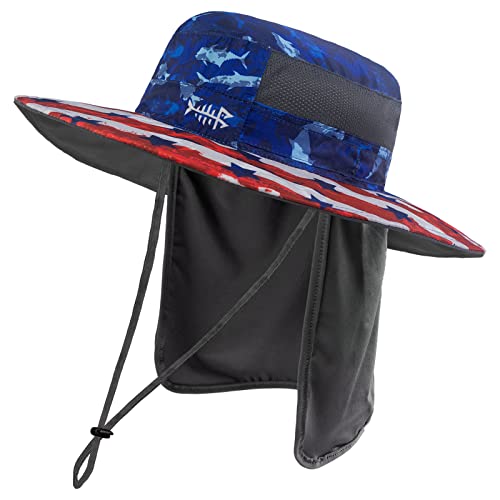BASSDASH UPF 50+ Sun Fishing Hat Water Resistant with Detachable Neck Flap - color: Americana