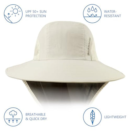 BASSDASH UPF 50+ Unisex Water Resistant Wide Brim Sun Hat with Large Neck Flap Ponytail Fishing Hat for Men Women - color: Ivory/Sand