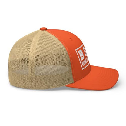 NG Boat Bring Out Ass and Titties Curved Bill Trucker Hat Mid Crown Adjustable Funny Adult Humor Cap - color: Rustic Orange/ Khaki