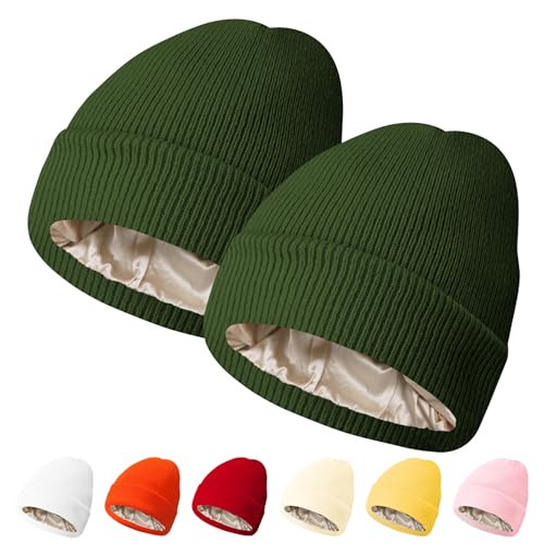 PFFY Womens Satin Lined Beanie Silk Lining Winter Hats Beanies for Women - color: Green+green