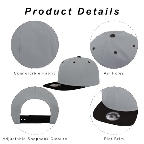 ZH Plain Flat Brim Snapback Baseball Caps Adjustable Blank Baseball Caps Wholesale 12 Pack - color: Light Gray-black