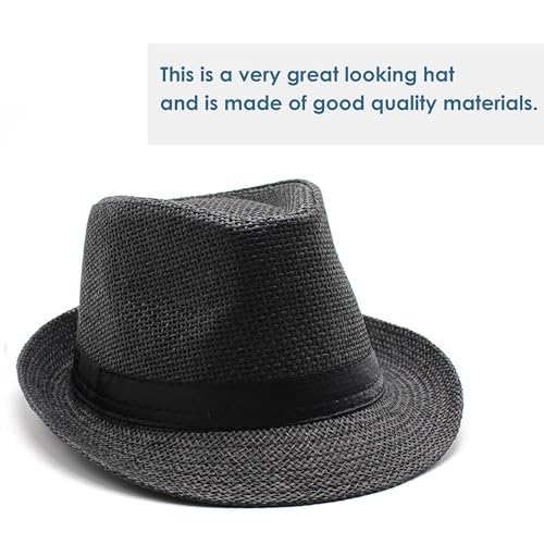 Straw Fedora Hat for Men Panama Hat Short Brim Summer Sun Hat - color: Black Belt-black