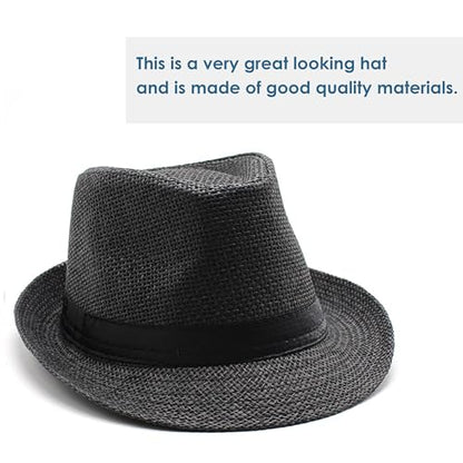 Straw Fedora Hat for Men Panama Hat Short Brim Summer Sun Hat - color: Black Belt-black