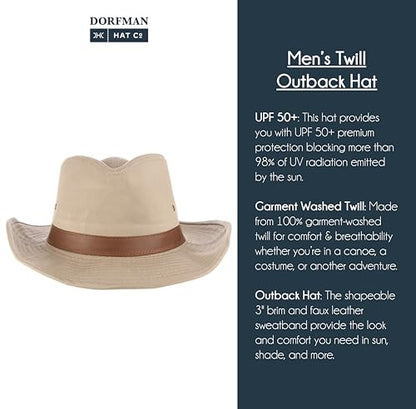 Dorfman Hat Co. - Saguaro -Men’s Twill Outback Hat -Garment Washed Twill -Faux Leather Band - UPF 50+ - color: Putty, size: Medium