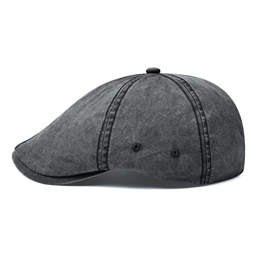 VOBOOM Cotton Washing Flat Cap Cabbie Hat Gatsby Ivy Irish Hunting Newsboy - color: Washed Black