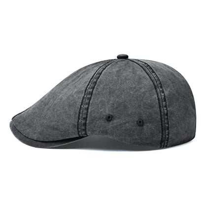 VOBOOM Cotton Washing Flat Cap Cabbie Hat Gatsby Ivy Irish Hunting Newsboy - color: Washed Black
