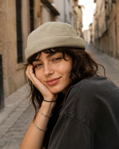 Clakllie Retro Docker Hat for Women Men Cotton No Brim Hat Adjustable Brimless Cap Worker Sailor Cap No Visor Beanie Hat - color: Beige-gd31