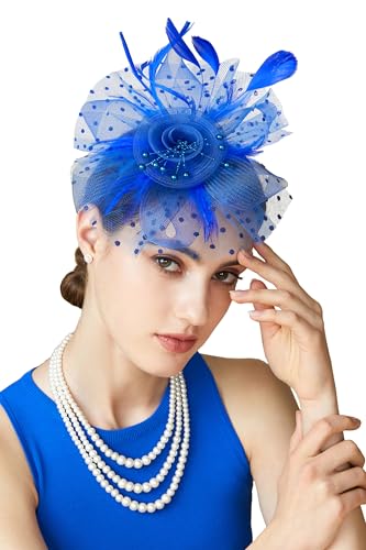 BABEYOND Fascinators Hats for Women Tea Party Flower Tulle Bead Derby Hat - color: Blue
