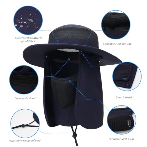 Outdoor Sun Hat UPF 50 Protection Waterproof Fishing hat Face Cover Summer Neck Flap Hat - color: Navy Blue