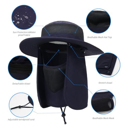 Outdoor Sun Hat UPF 50 Protection Waterproof Fishing hat Face Cover Summer Neck Flap Hat - color: Navy Blue