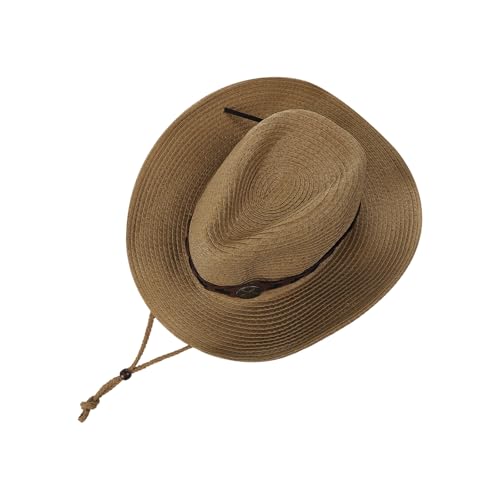 Unisex Straw Cowboy Hat Wide Brim Western Sun Hat Adjustable Beach Cowgirl Hat for Summer Outdoor Sun Protection - color: Khaki Color, Leather Hat Strap