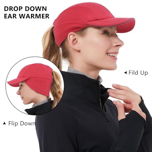 GADIEMKENSD Women's Winter Reflective Fleece Ponytail Hat with Drop Down Ear Warmer - color: Red, size: 7-7 1/8