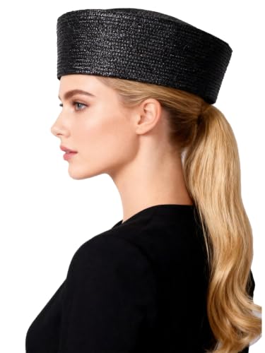 HIMESPORT Straw Pillbox Hats for Women Ladies Elegant Wedding Formal Church Tea Party Cocktail Hat - color: Black